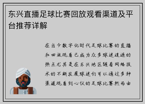 东兴直播足球比赛回放观看渠道及平台推荐详解